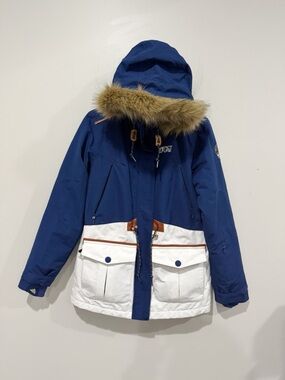 PICTURE Ski Snowboard Jacket Women’s Medium Blue White Faux Fur Hood Parka